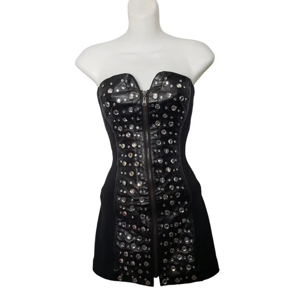 chinese dress ladies Girls Faux Leather Studded Pocket Dress with Top main image 1